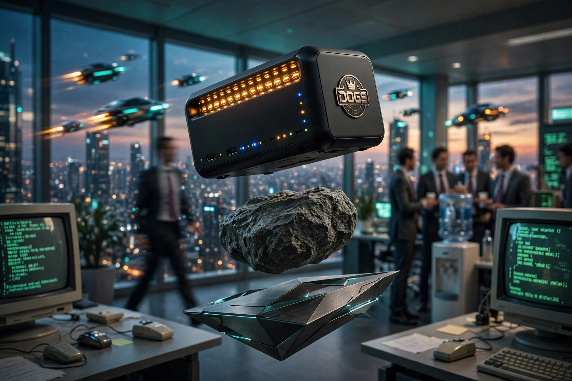 The Castle device — a matte-black home server with a glowing port array and DOGS badge — levitating above a grey prehistoric stone in a futuristic skyscraper office, flying cars streaking past the windows